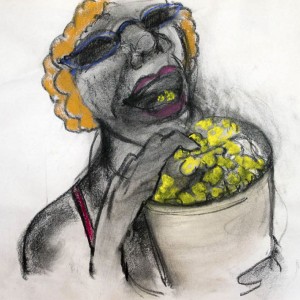 The Popcorn Eater, charcoal and paster 40 x 60 cm