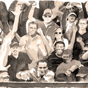 A Puppet Crowd Cheers, watercolor 55 x 77 cm