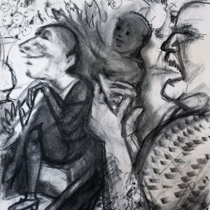 3 Eggheads in the Crowd, charcoal 40 x 60 cm