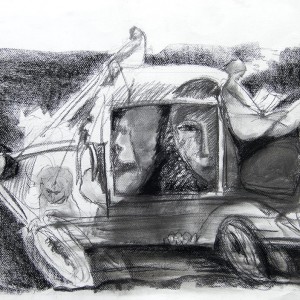 The Riders, charcoal and conte, 65 x 50 cm