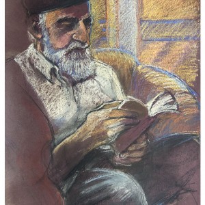 In His Chair, pastel, 48 x 63 cm